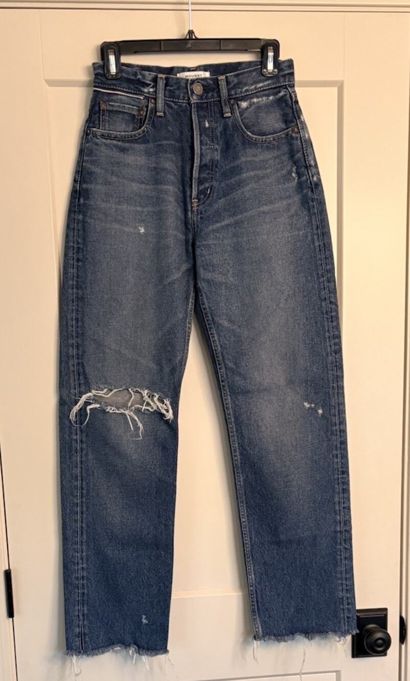 Moussy Vintage Sz 26 Howa Distressed Medium Blue Wash Jeans Button Fly Cropped